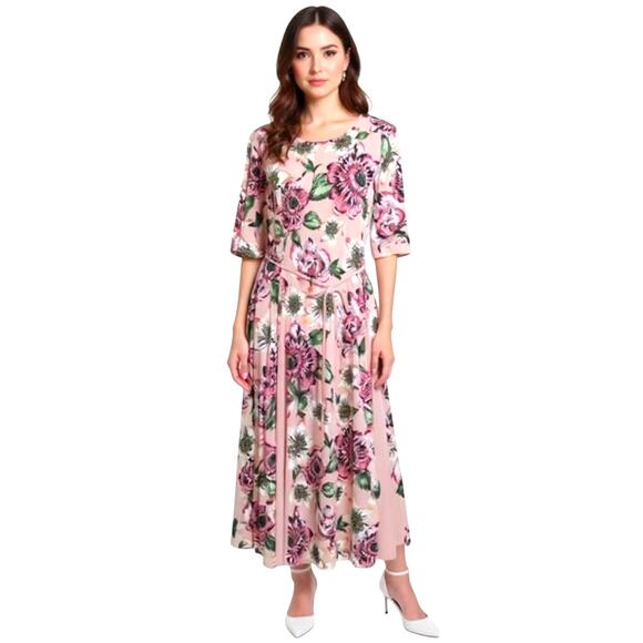 Nina Leonard Dresses & Skirts - Nina Leonard Jersey Knit Midi Dress Women's Sz PL Pink Floral Half Sleeve Belted